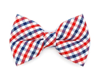 Pajarita patriótica para gatos - "Heritage" - Cuadros rojos y azules de cuadros vichy para el 4 de julio / Pajarita para gatos y perros pequeños del Día de la Independencia