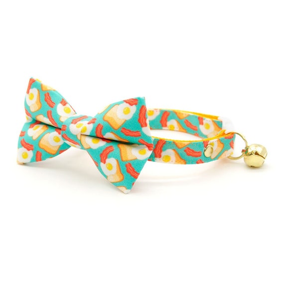 Bow Tie Cat Collar Set - "Breakfast Club" - Bacon, Eggs & Toast Cat Collar w/ Matching Bow / Brunch, Food, Birthday / Cat, Kitten, Small Dog