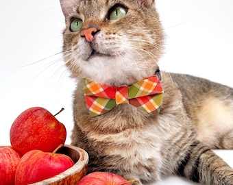 Bow Tie Cat Collar Set - "Apple Crisp" - Green Plaid Cat Collar w/ Matching Bowtie / Fall Thanksgiving Preppy / Cat, Kitten, Small Dog