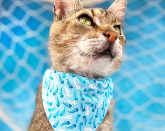 Fish Cat Bandana - "Go Fish" - Ocean Blue Bandana for Cat + Small Dog / Fishing, Fish Bone, Sardine, Sea, Funny, Fun / Slide-on Bandana