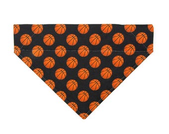 Basketball Cat Bandana - "Basketball" - Sports Orange & Black Bandana for Cat + Small Dog / Male, Boy Cat / Slide-on Over-the-Collar Bandana