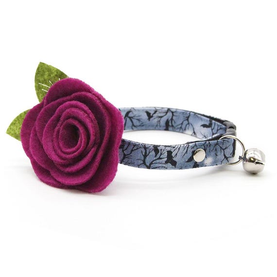 Halloween Cat Collar + Flower Set - "Witching Hour" - Midnight Gray Bat Cat Collar w/ Plum Felt Flower / Goth / Cat, Kitten, Small Dog