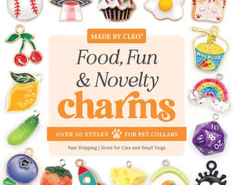 Abalorio para collar de gato - "Comida, diversión y novedad": perro, fruta, cohete, arcoíris, helado, pepinillo, huevo, fresa, arándano, D20, naranja y limón.