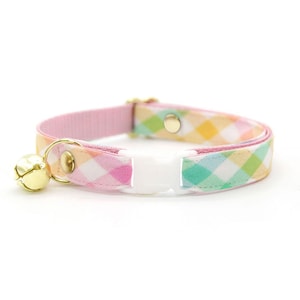 Cat Collar - "Dawn" - Pink Pastel Plaid Cat Collar / Breakaway or Non-Breakaway / Spring, Easter, Summer / Cat, Kitten, Small Dog Sizes