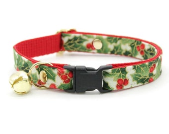 Christmas Cat Collar - &quot;Holiday Holly&quot; - Botanical Red Berries & Green Cat Collar / Breakaway or Non-Breakaway / Cat,Kitten,Small Dog Sizes