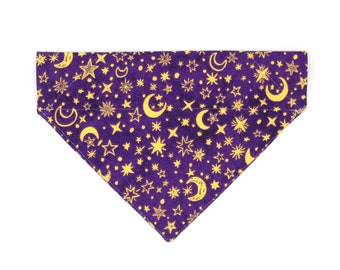 Cat Bandana - &quot;Moonlight - Purple&quot; - Stars & Moon Bandana for Cat + Small Dog / Magical, Fantasy, Zodiac, Celestial / Slide-on Bandana