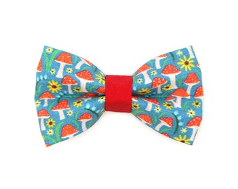 Cat Bow Tie - "Magic Mushrooms" - Blue & Red Toadstool Bow Tie for Cat Collar / Fairy, Gnome, Fantasy / Cat, Kitten + Small Dog Bowtie