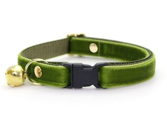 Cat Collar - "Velvet - Leaf Green" - Vibrant Olive Cat Collar / Breakaway or Non-Breakaway / Gift for Cat Mom / Green Velvet / Cat + Kitten