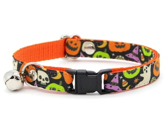 Halloween Cat Collar - "Creepy Cuties - Black" - Spooky Cat Collar / Breakaway + Non-Breakaway / Ghost, Witch, Pumpkin / Cat + Small Dog