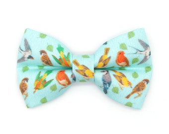 Cat Bow Tie - "Birds of a Feather" - Robin's Egg Blue Bird Bow for Cat Collar / Audubon, Sibley, Pet  / Cat, Kitten, Small Dog Bowtie