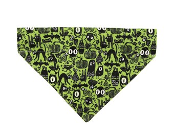 Cat Bandana - "Creepy Critters - Poison Green" -  Halloween Bandana for Cat + Small Dog / Monster, Eyes, Gorey / Over-the-Collar Bandana