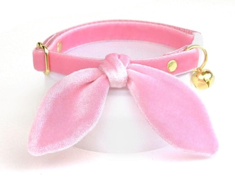 Pink Velvet Cat Collar and Bunny Ear Bow Set - "Velvet - Ballet Pink" - Luxury Cat Collar with Bunny Bow Tie, Soft Breakaway Girl Cat Collar