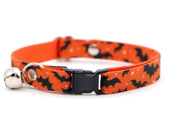 Bat Cat Collar - "Batty Babe - Orange" - Halloween Cat Collar / Breakaway or Non-Breakaway / Spooky, Bat Lover / Cat, Kitten, Small Dog Size