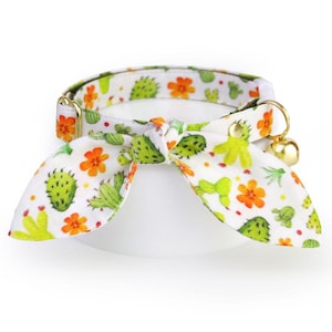 Desert Cat Collar and Bunny Ear Bow Set - &quot;Desert Dreams&quot; - Green Cactus Cat Collar + Bunny Bow Tie On Scarf, Southwest Breakaway Cat Collar