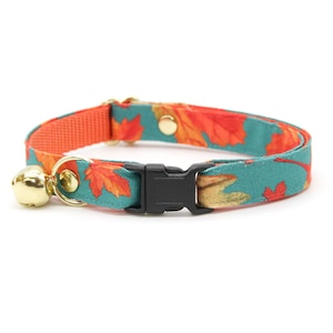 Cat Collar - "Maple Hill" - Autumn Leaves Cat Collar / Breakaway or Non-Breakaway / Teal, Fall, Maple Leaf / Cat, Kitten, Small Dog Sizes