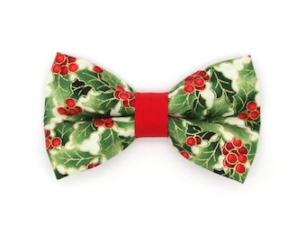 Cat Bow Tie - "Holiday Holly" - Christmas Botanical Red Berries & Green Bow Tie for Cat Collar / Cat Gift / Cat, Kitten, Small Dog Bowtie