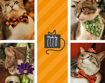 猫用蝶ネクタイ - 「月光 - 黒」 - ハロウィン 月と星 猫用蝶ネクタイ