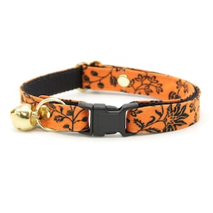 Halloween Cat Collar - &quot;Gothic Halloween&quot; - Black & Orange Cat Collar / Ghostly Floral / Breakaway + Non-Breakaway / Cat, Kitten, Small Dog