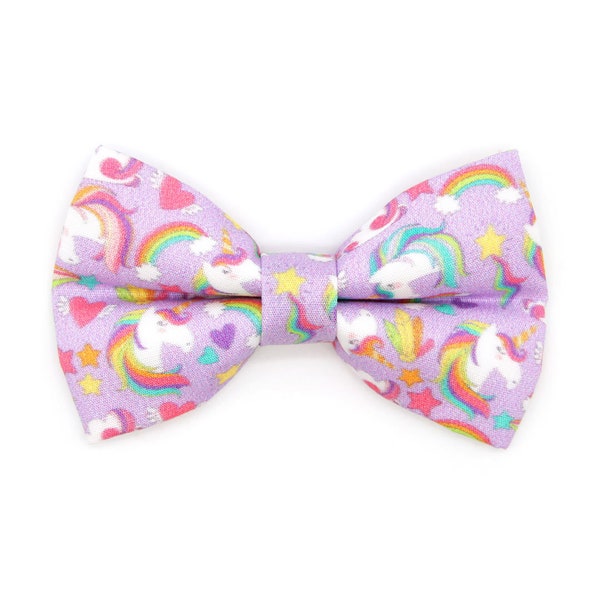 Cat Bow Tie - "Unicorn Fantasy" - Magical Unicorns Light Purple Bow Tie for Cat Collar / Lavender, Rainbow / Cat, Kitten + Small Dog Bowtie