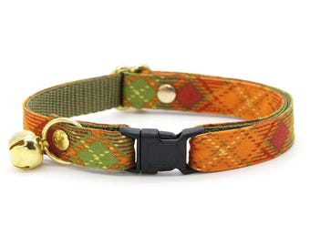Plaid Cat Collar - "Maplewood" - Burnt Orange & Green Cat Collar / Breakaway or Non-Breakaway / Fall + Thanksgiving / Cat, Kitten, Small Dog