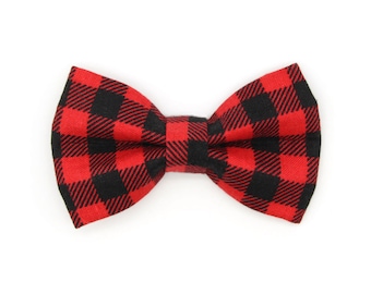 Buffalo Plaid Cat Bow Tie - "Cozy Cabin Red" - Lumberjack Plaid Cat Collar Bow Tie / Kitten Bow Tie / Small Dog Bow - Removable, One Size