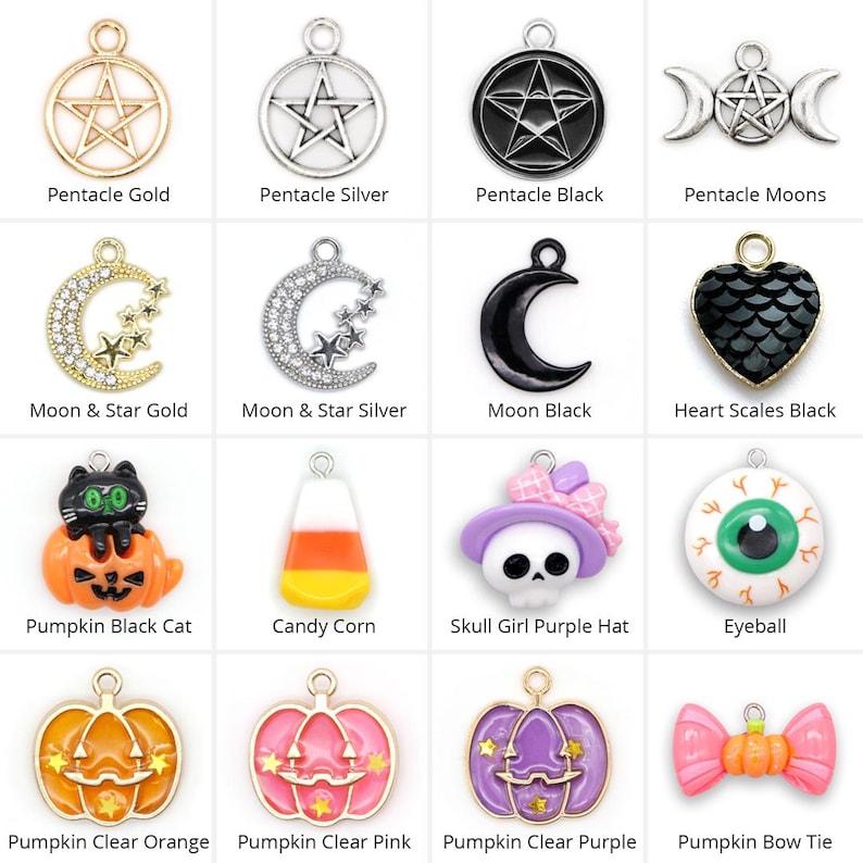 May include: A collection of sixteen assorted metal and enamel charms featuring various designs including pentacles, moons, stars, a black heart with scales, a pumpkin with a black cat, candy corn, a skull with a purple hat, an eyeball, and pumpkins.