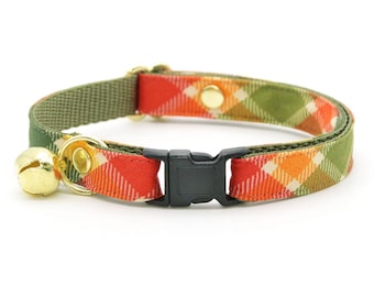 Cat Collar - "Apple Crisp" - Red Yellow Green Plaid Cat Collar / Breakaway or Non-Breakaway / Fall Autumn / Cat, Kitten + Small Dog Sizes