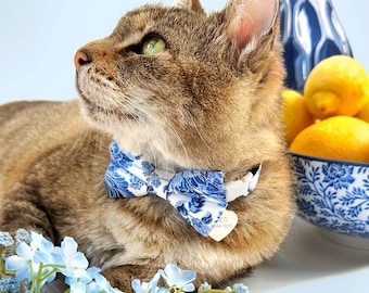 Bow Tie Cat Collar Set - "Porcelain Paisley" - Floral Blue Cat Collar w/ Matching Bow / Toile, Wedding, Elegant / Cat + Small Dog Sizes