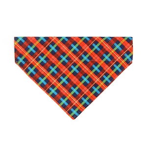 Cat Bandana - &quot;Bonfire Blaze&quot; - Red, Blue & Green Plaid Bandana for Cat + Small Dog / Winter,Fall,Preppy / Slide-on Over-the-Collar Bandana
