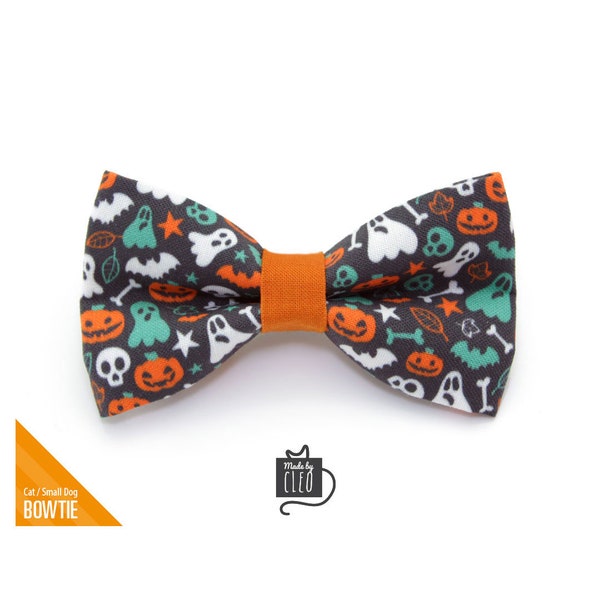 Nœud papillon d'Halloween avec chat - « Ici pour les huées » - Fantômes, citrouilles et têtes de mort Nœud papillon pour collier de chat / chat, chaton, petit chien