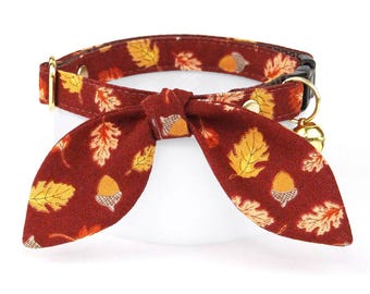 Burgundy Cat Collar + Bunny Ear Bow Set - "Acorn Hill" - Autumn Leaves Cat Collar + Bunny Bow Tie On Scarf, Thanksgiving Breakaway Collar