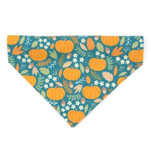 Pet Bandana - &quot;Pumpkin Patch - Teal&quot; - Fall Harvest Pumpkin Bandana for Cat + Small Dog / Autumn, Thanksgiving / Slide-on Bandana