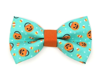 Cat Bow Tie - "Party Pumpkins" - Halloween Trick-or-Treat Pail Bow Tie for Cat Collar / Turquoise Mint Aqua / Cat, Kitten + Small Dog Bowtie