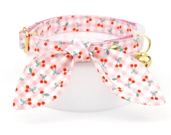 Cherries Cat Collar + Bunny Ear Bow Set - "Cherry Jubilee" - Pink Gingham Cat Collar + Bunny Bow Tie, Cute Spring, Summer Cat Collar