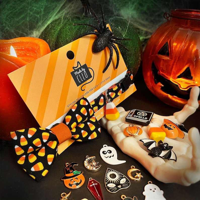 May include: A black pet collar featuring a candy corn pattern and a matching bow tie, attached to a branded orange and white striped display card. The set includes a candy corn charm and various Halloween-themed metal charms like ghosts, bats, and pumpkins.
