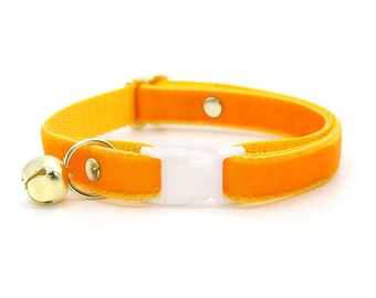 Cat Collar - "Velvet - Marigold" - Luxury Velvet Cat Collar Breakaway / Solid Color Rich Orange-Yellow / Wedding / Cat,Kitten,Small Dog