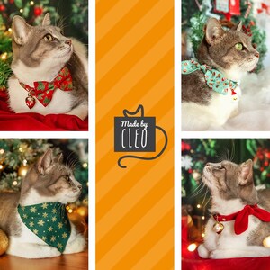 May include: Three gray and white cats wearing festive Christmas bandanas with a red, green, and blue color scheme. The cats are sitting in front of a Christmas tree with lights and ornaments. The image includes the text "Made by CLEO".