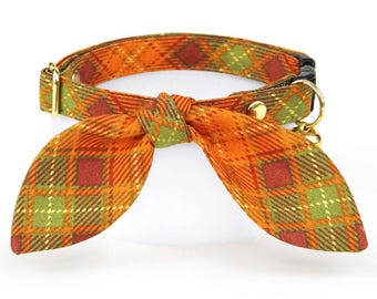 Fall Plaid Cat Collar + Bunny Ear Bow Set - "Maplewood" - Pumpkin Orange Cat Collar + Bunny Bow Tie Scarf, Thanksgiving Breakaway Collar