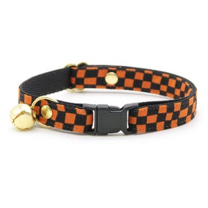 Cat Collar - &quot;Punk Rock Halloween&quot; - Black Orange Checkered Cat Collar / Breakaway or Non-Breakaway / Edgy Halloween Check, Cat + Small Dog