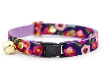 Plum Cat Collar - "Plum Blossom" - Floral Purple Cat Collar / Breakaway or Non-Breakaway / Fall, Winter, Girl Cat / Cat, Kitten + Small Dog