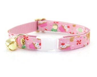 Holiday Cat Collar - &quot;Sugar & Spice&quot; - Pink Gingerbread Cat Collar / Breakaway or Non-Breakaway / Christmas / Cat, Kitten, Small Dog Sizes