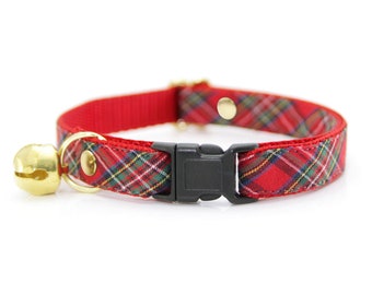 Cat Collar - "Hearthside" - Holiday Red Tartan Plaid Cat Collar Breakaway / Christmas, Stewart, Wedding / Cat, Kitten, Small Dog Sizes