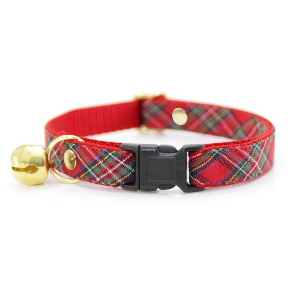 Cat Collar - "Hearthside" - Holiday Red Tartan Plaid Cat Collar Breakaway / Christmas, Stewart, Wedding / Cat, Kitten, Small Dog Sizes