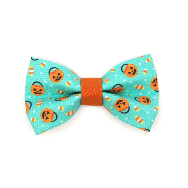 Cat Bow Tie - "Party Pumpkins" - Halloween Trick-or-Treat Pail Bow Tie for Cat Collar / Turquoise Mint Aqua / Cat, Kitten + Small Dog Bowtie