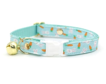 Easter Cat Collar - "Bunnies & Carrots Blue" - Bunny Cat Collar / Breakaway or Non-Breakaway / Pastel, Aqua / Cat,Kitten,Small Dog Size