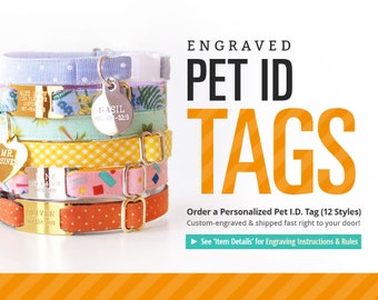 Engraved Cat ID Tag / Cat Tag Pet ID / Cat Collar Id Tag / Personalized ID Tag for Cat + Kitten / 13 Styles (incl. Slide Name Plates)