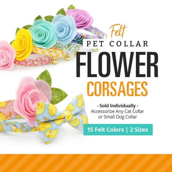 Corsages de fleurs pour animaux de compagnie (15 couleurs de feutre) - Vendus individuellement - Pour collier de chat + collier de petit chien / Mariage, Fêtes / Taille standard ou mini