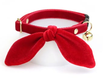 Red Velvet Cat Collar and Bunny Ear Bow Set - "Velvet - Garnet Red" - Elegant Holiday Cat Collar with Bunny Bow Tie, Luxury Soft Cat Collar