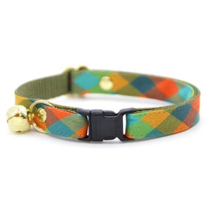 Plaid Cat Collar - "Twilight Timber" - Fall Cabincore Rustic Cat Collar / Breakaway or Non-Breakaway / Boy Cat, Green Orange Teal, Camping