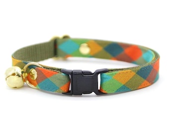Plaid Cat Collar - "Twilight Timber" - Fall Cabincore Rustic Cat Collar / Breakaway or Non-Breakaway / Boy Cat, Green Orange Teal, Camping